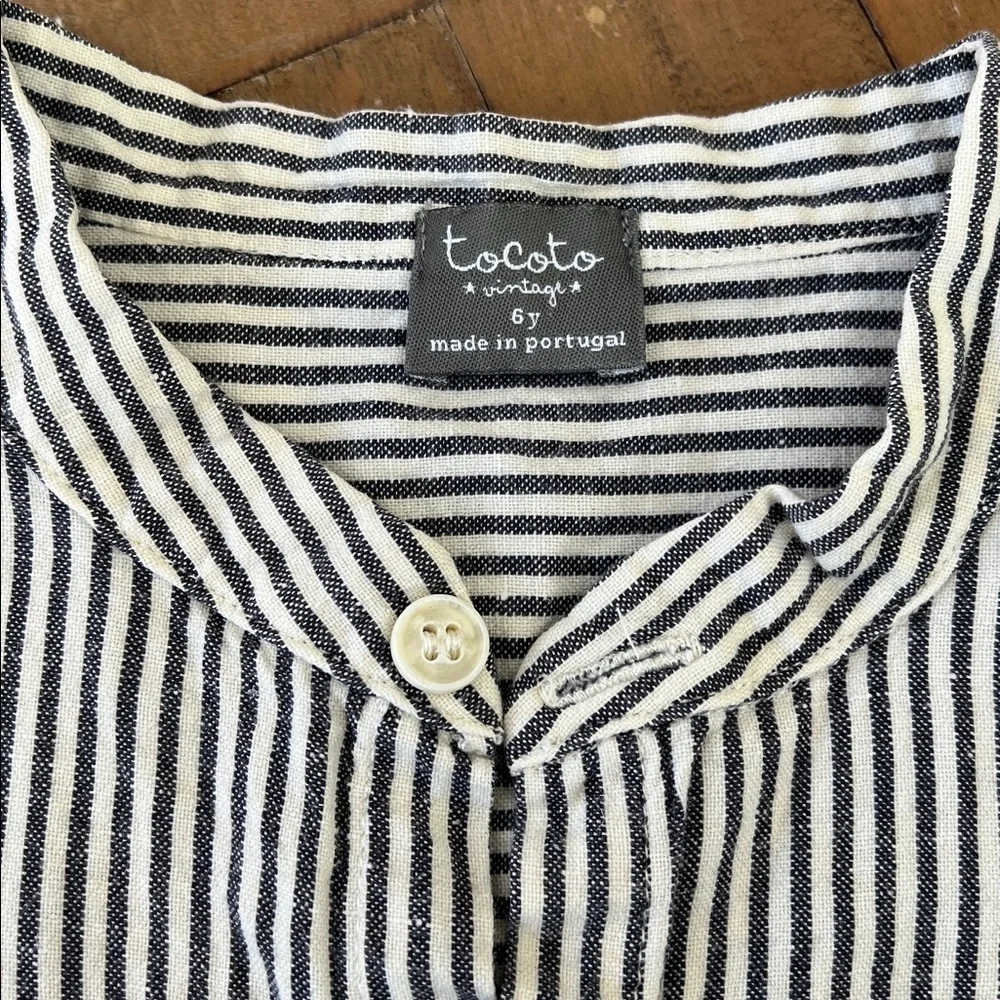 Tocoto vintage gray stripe roll cuff linen blend button up shirt kids size 6